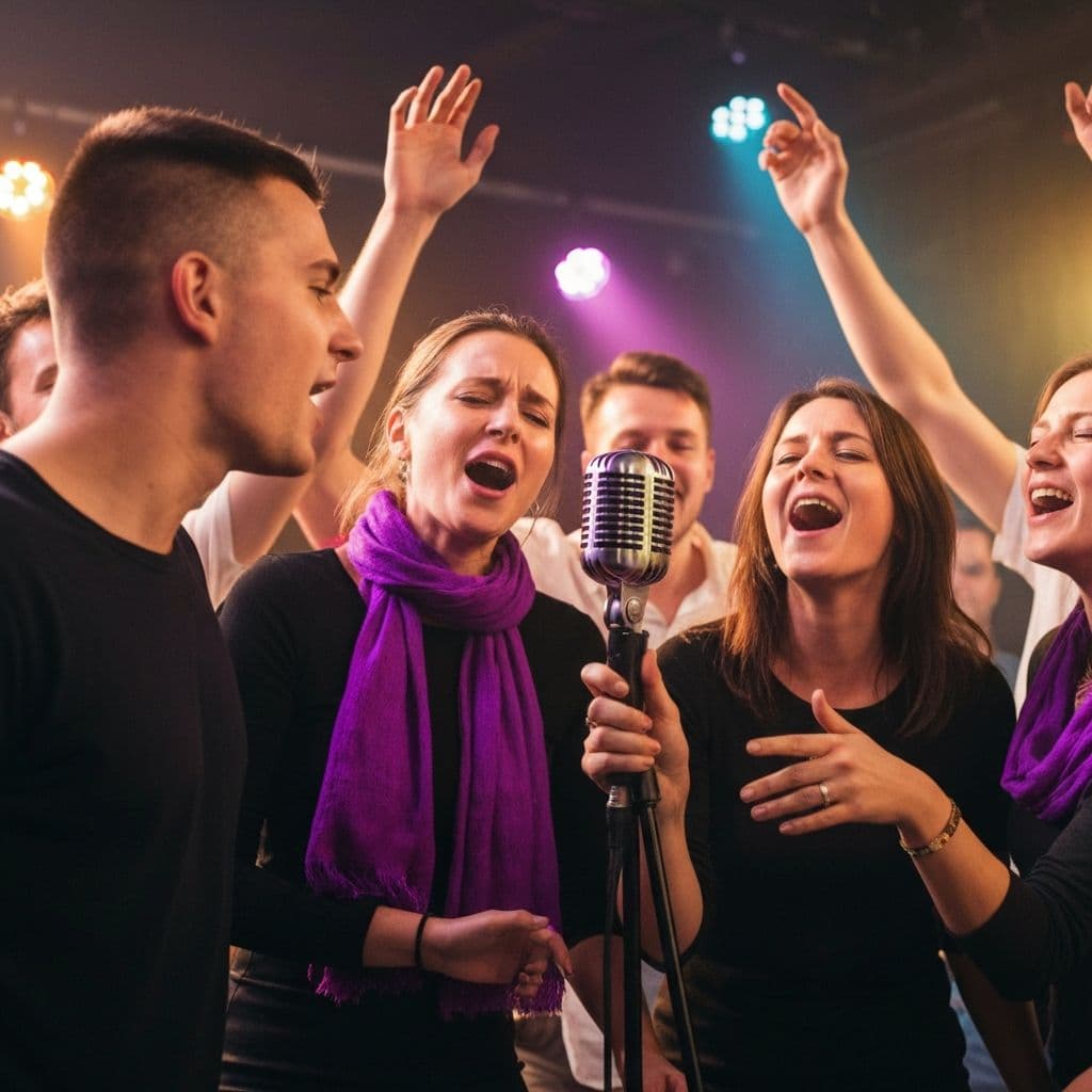 Participante cantando con micrófono durante una actividad musical